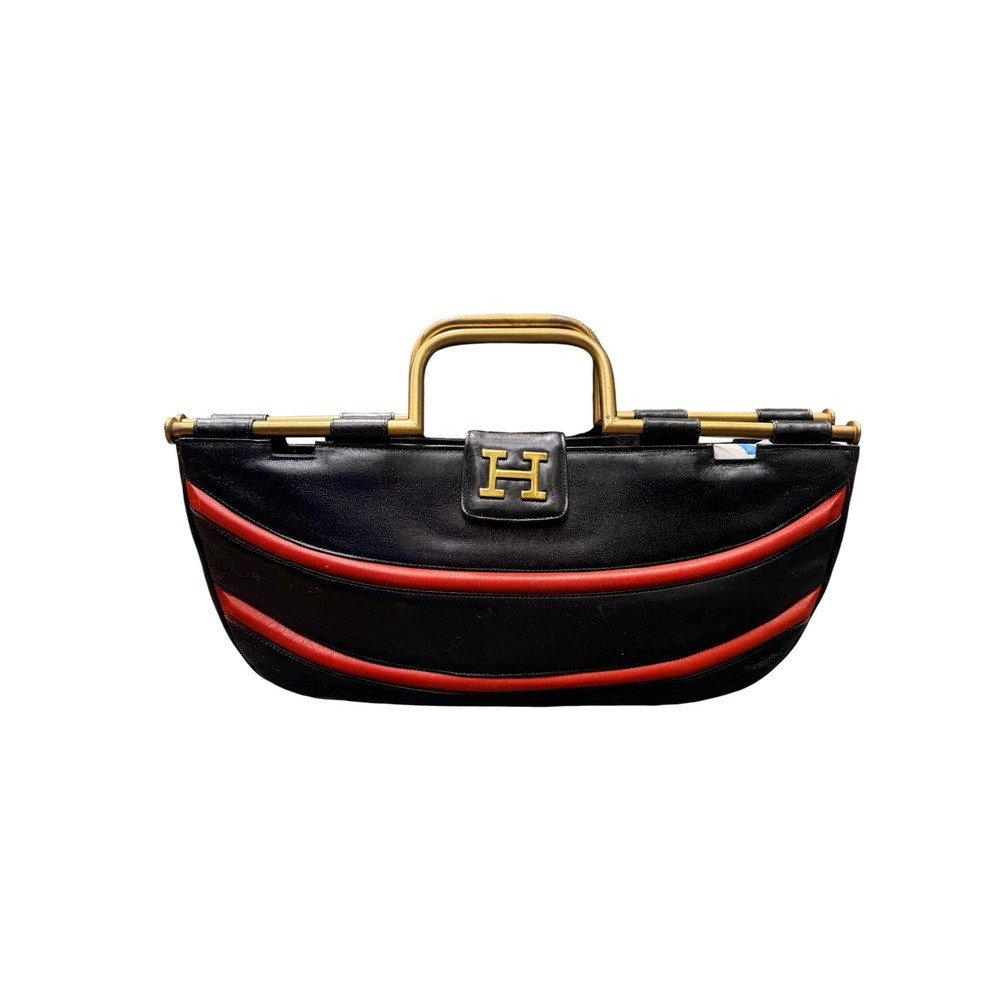 Harry Rosenfield Vintage 1960s Black Orange Leather Shoulder Bag Brass Handle